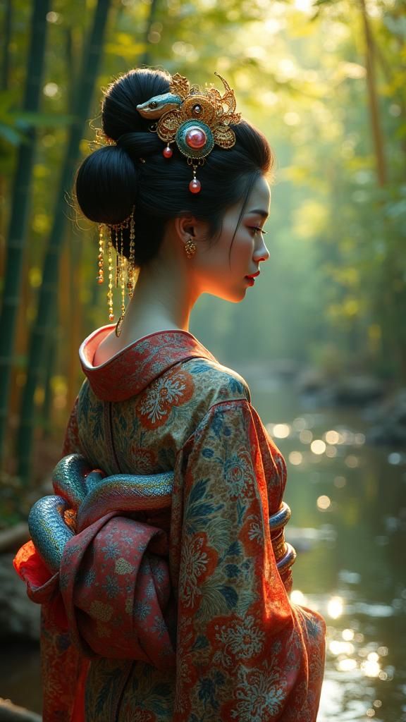 Tattooed Geisha and Python in Bamboo Forest