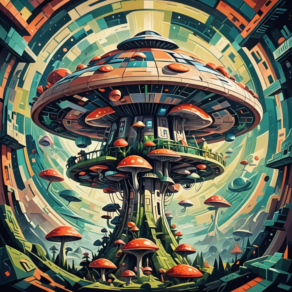 Alien Emerges from Mushroom UFO: Cubist Art Deco