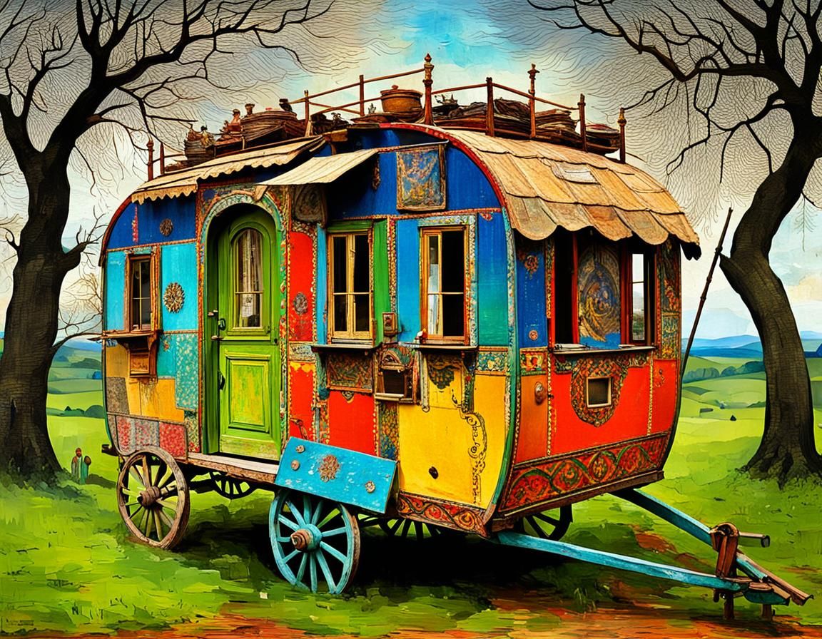 Colorful Gypsy Wagon in Expressive Landscape