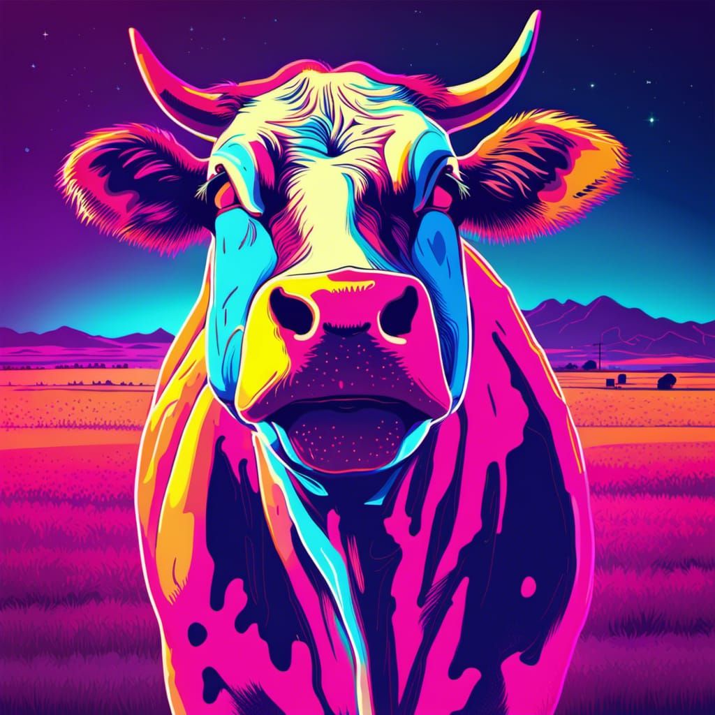 Synthwave Cow in Neon Retro Style