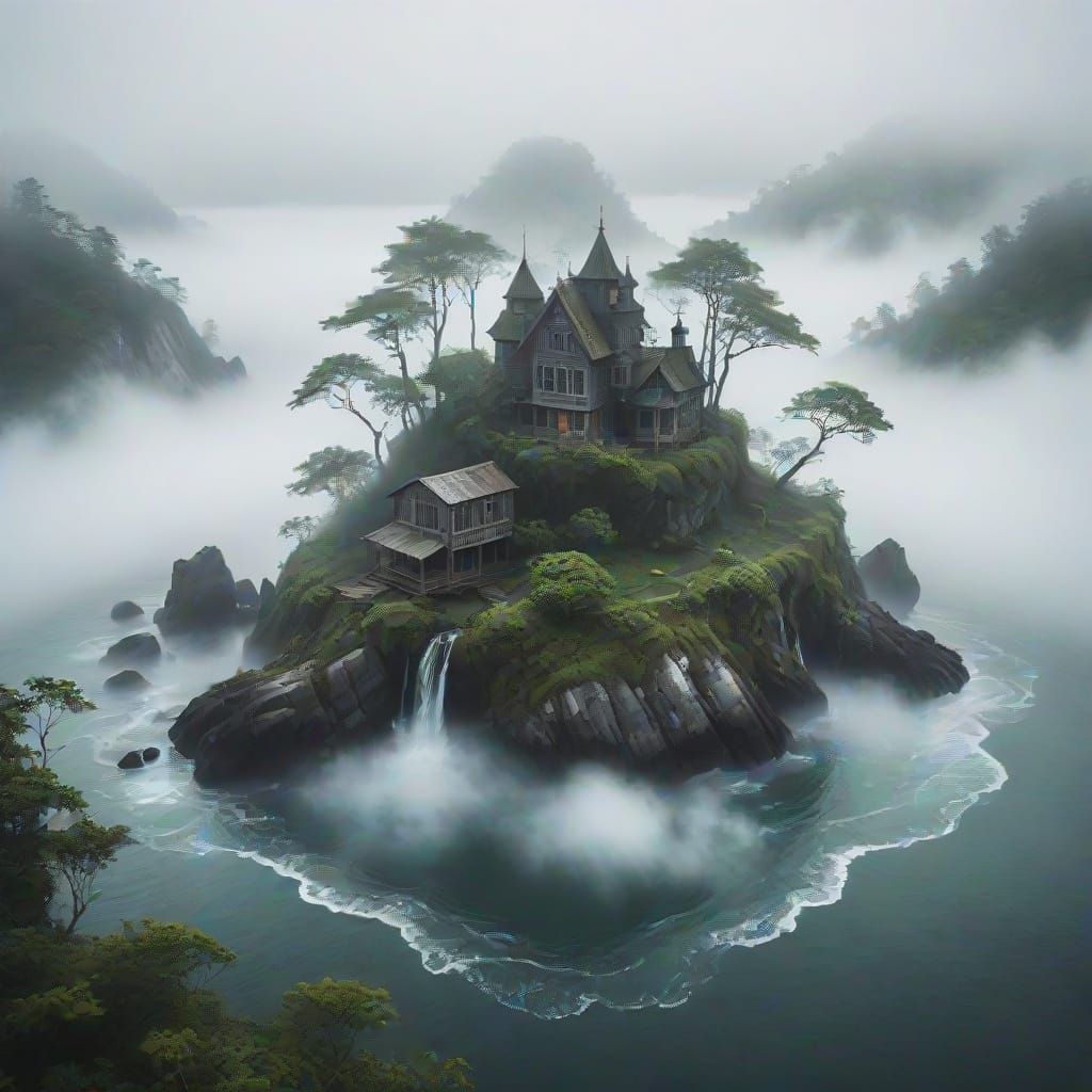 Mystical Island Veiled in Swirling Mist