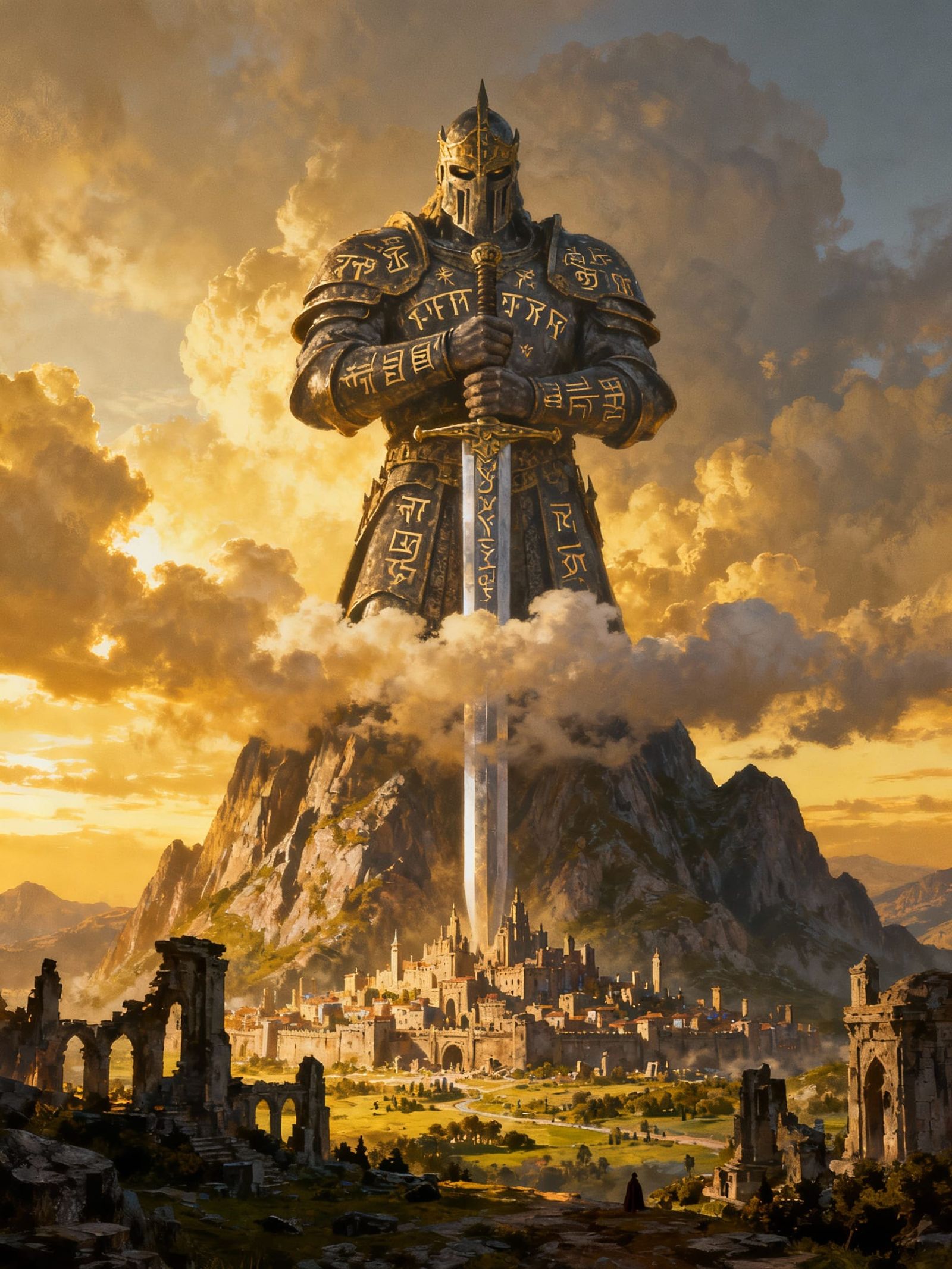 Colossal Paladin Guards Ruined City in Epic Fantasy Art