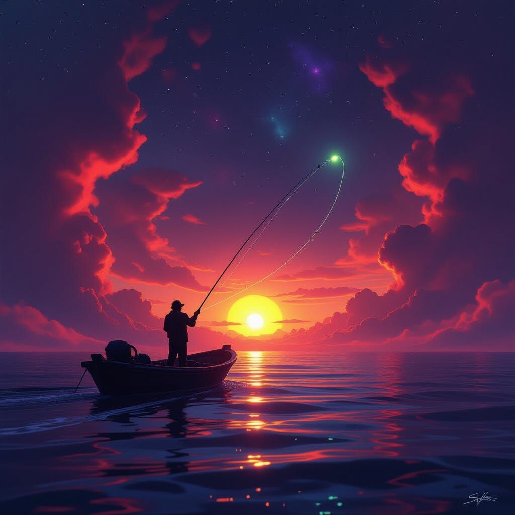 Alien Sunset Angler Casts Line into Cosmic Nebula