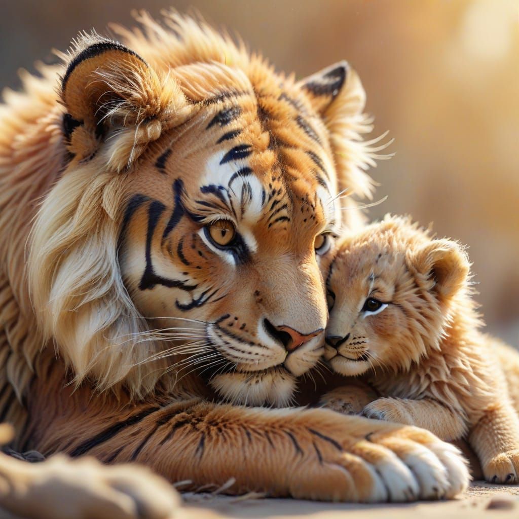 Adorable Tiger Cub Snuggling Lion and Bear in Watercolor Sty...