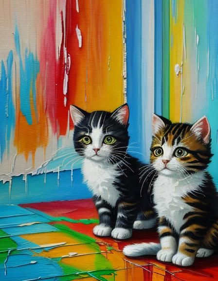 Closeup, deep brushstrokes, Kittens on bedroom wall, inset, graffiti painting