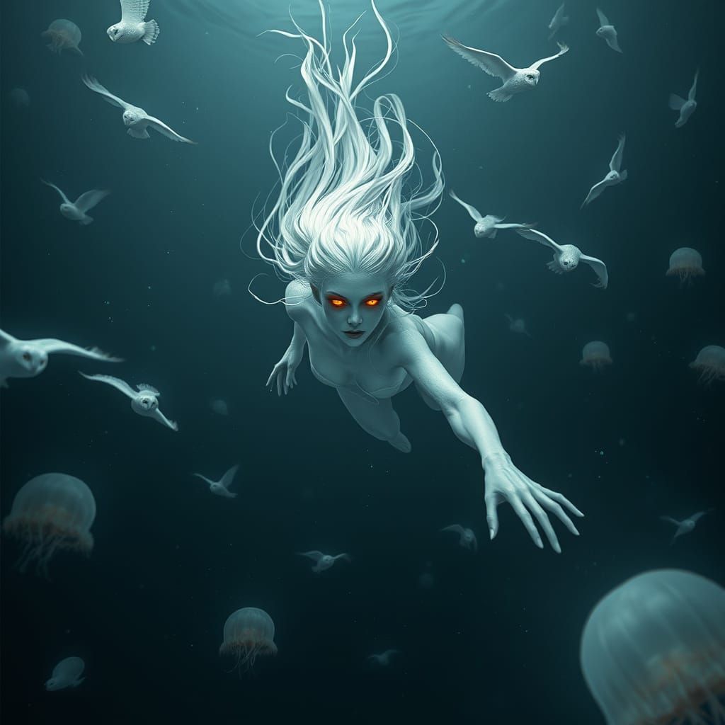 Ethereal Albino Woman Diving into the Abyss