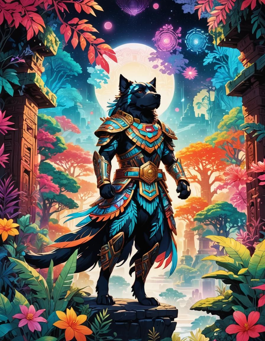Dog as Aztec Warrior in Anime Key Visual Style