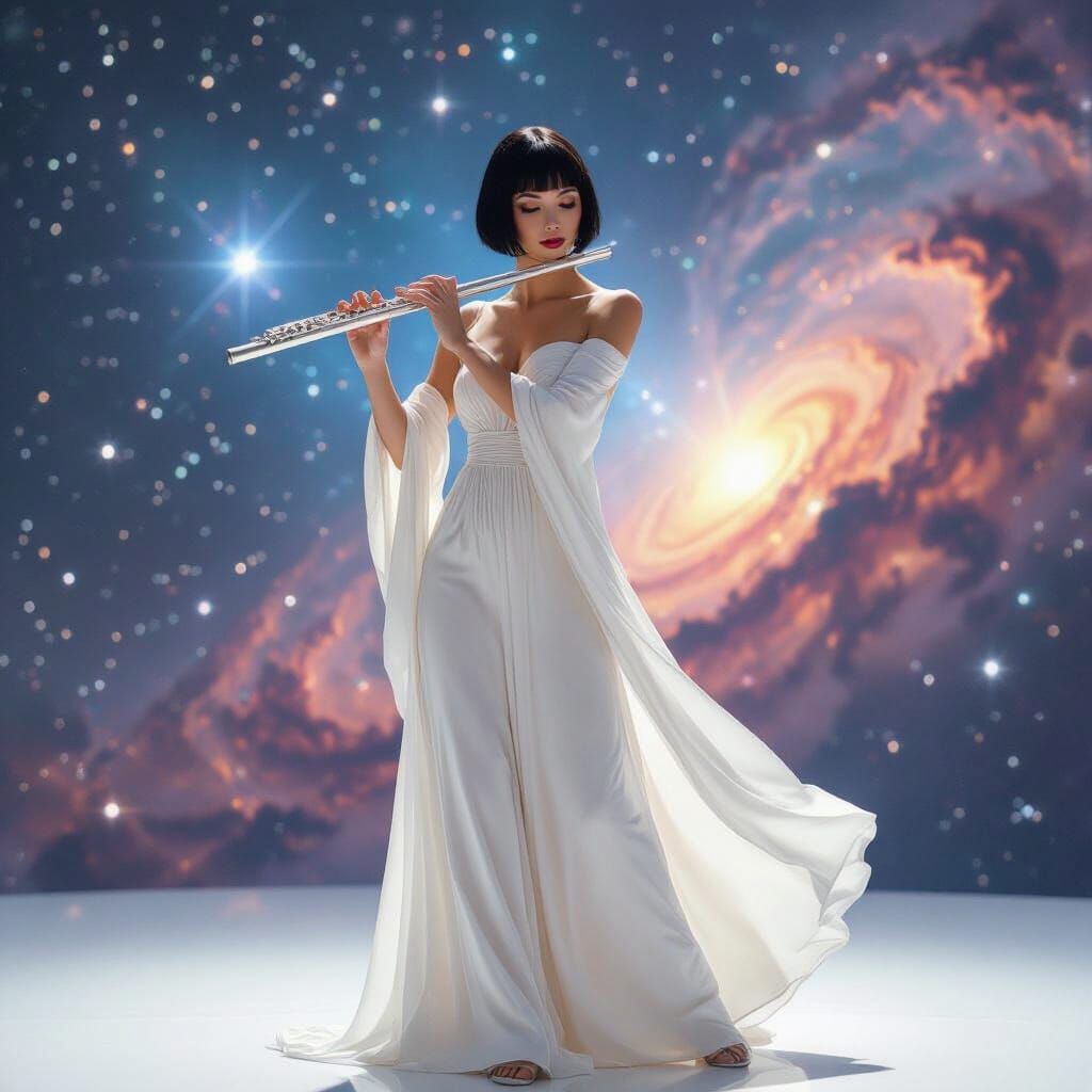 Cosmic Flute Player with Egyptian Bob in Surreal Style