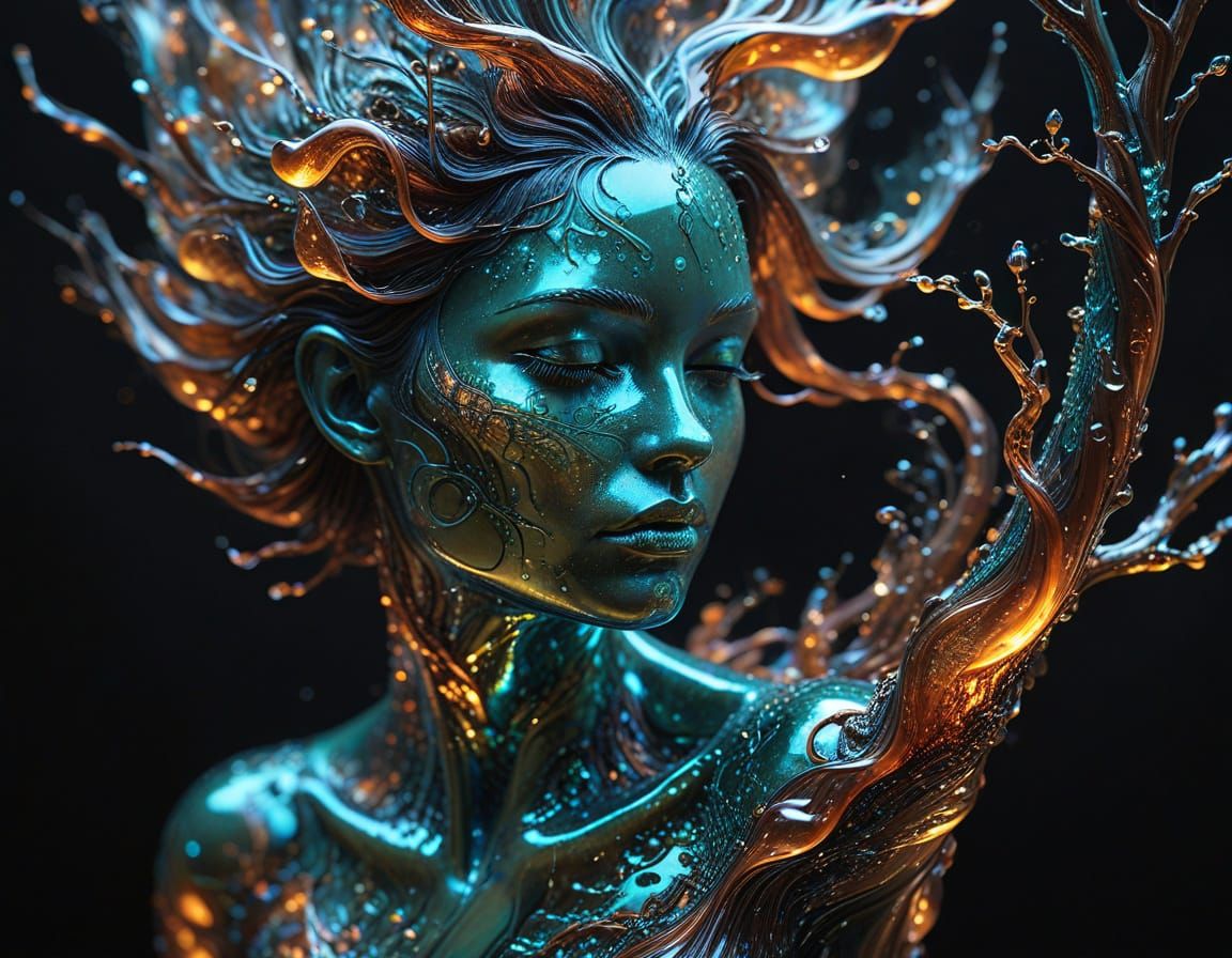 Abstract Fluid Sculpture of Molten Glass and Copper