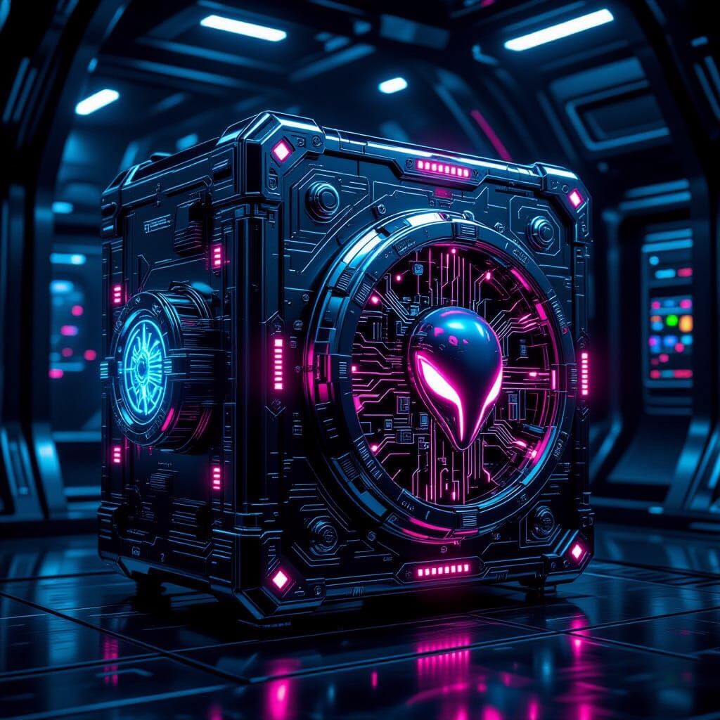 Futuristic Metallic Vault Box with Alien Artifacts
