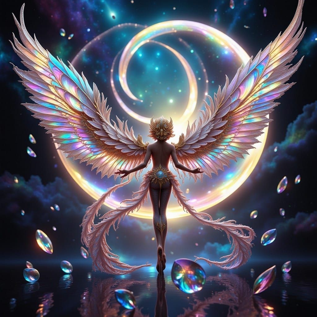 <lora:Iridescent Fantasy:1.0> iridescent heptagon and rhombus shapes, gleaming and shimmering, crescent moon, large fair...