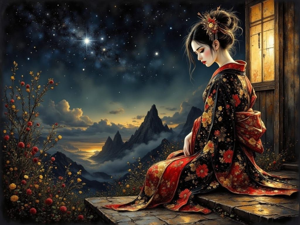 Elegant Geisha Watching Stars in Anime Style