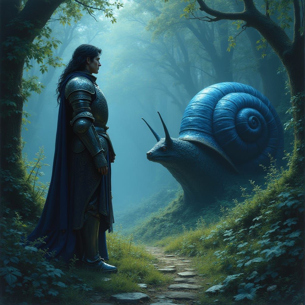 Dark Knight Encounters a Majestic Blue Snail in a Gothic For...