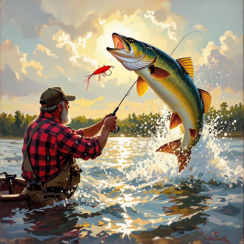 Fisherman Reels In Leaping Muskie in Oil Painting Style