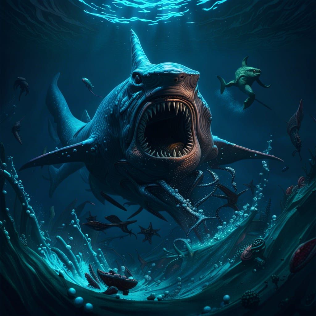 Kraken and Shark in Deep Sea Fantasy Art