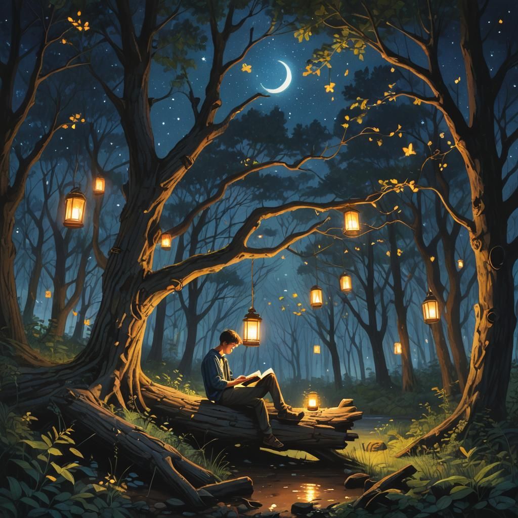 Enchanting Forest Night Scene in Detailed Matte Painting