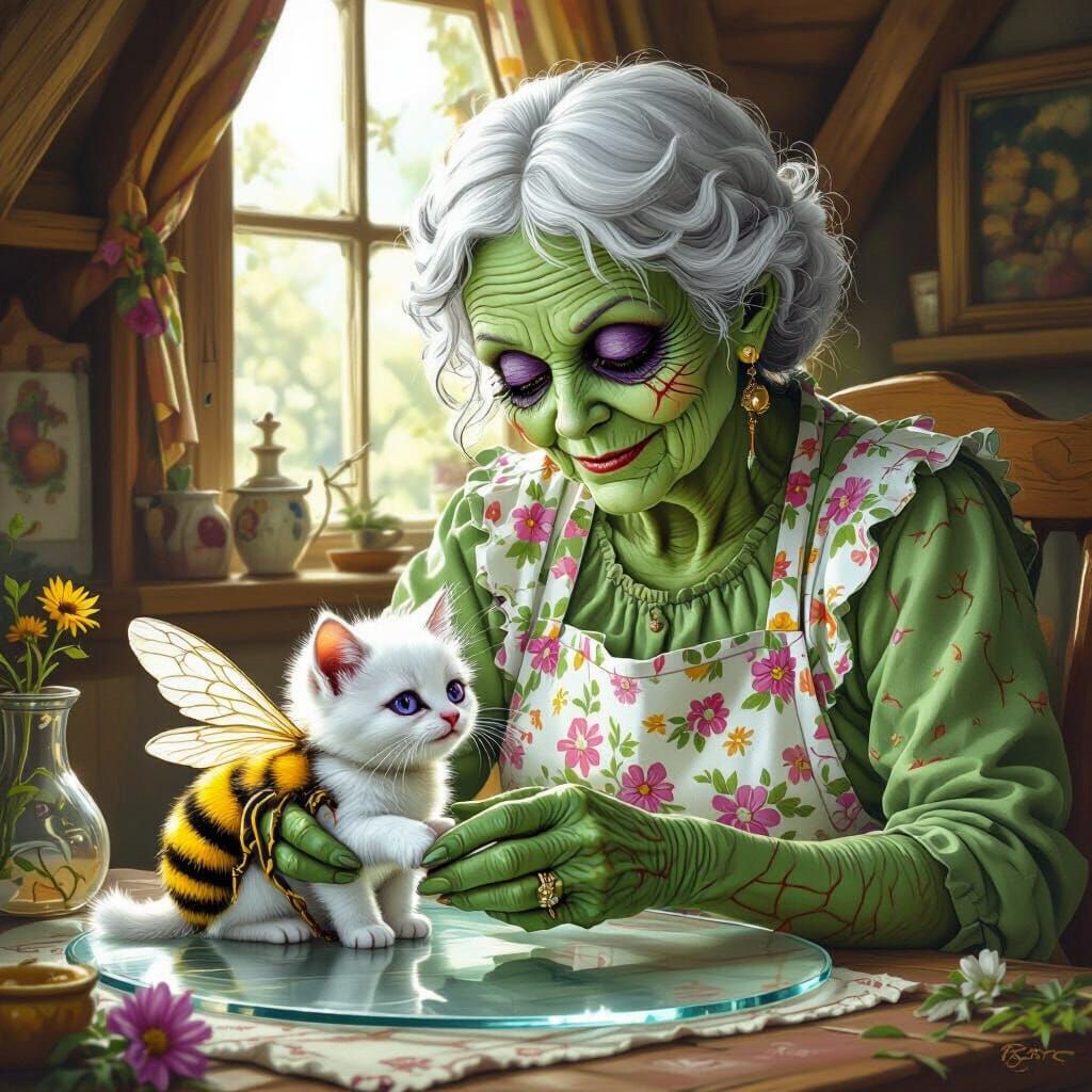 Zombie Granny with Kitten-Bee Hybrid in Cozy Cottage