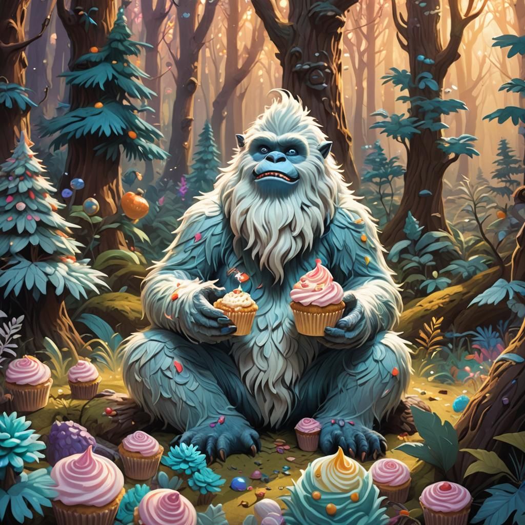 Yeti's Cupcake Delight in Whimsical Forest