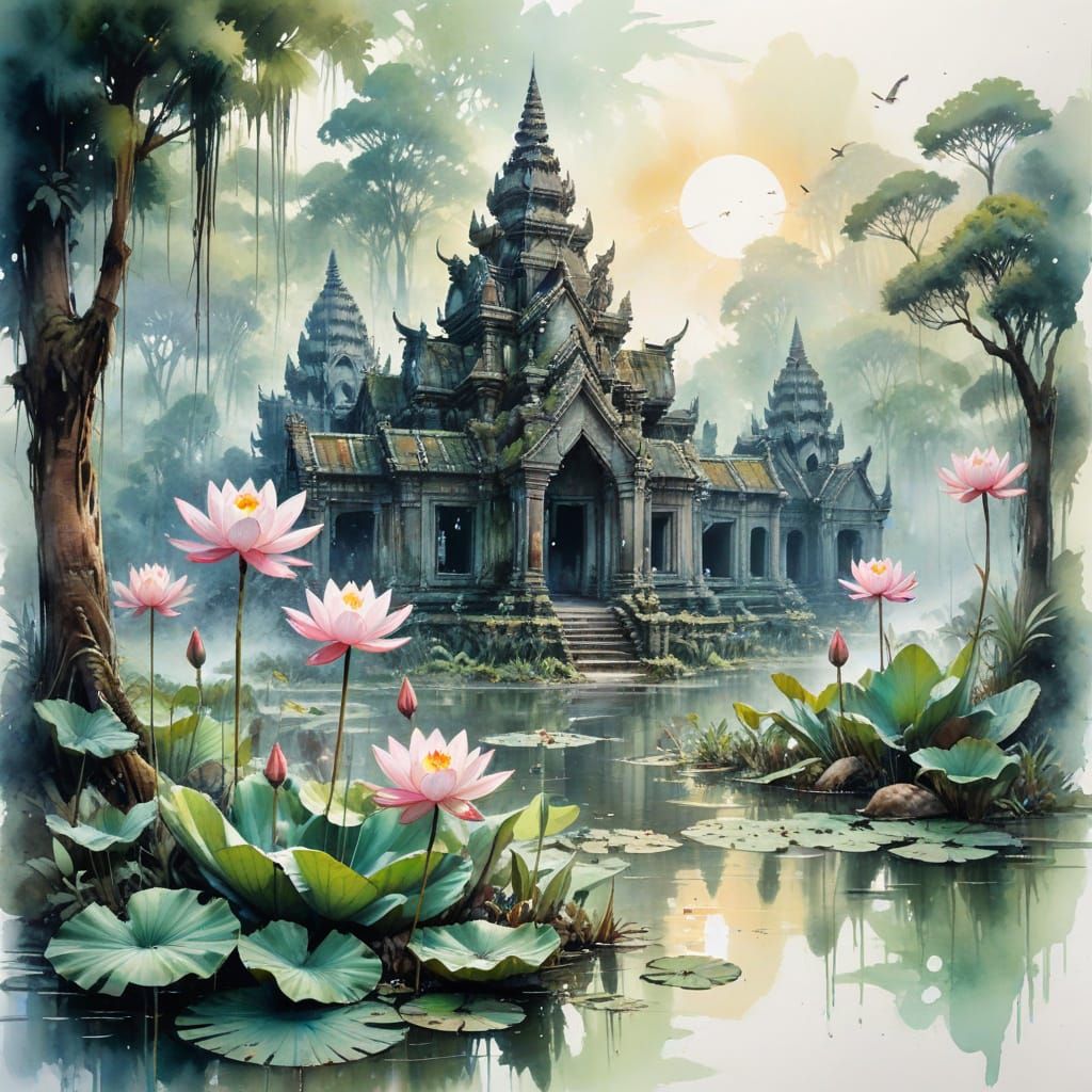 Ancient Angkor Wat Ruin Embraced by Verdant Jungle in Waterc...