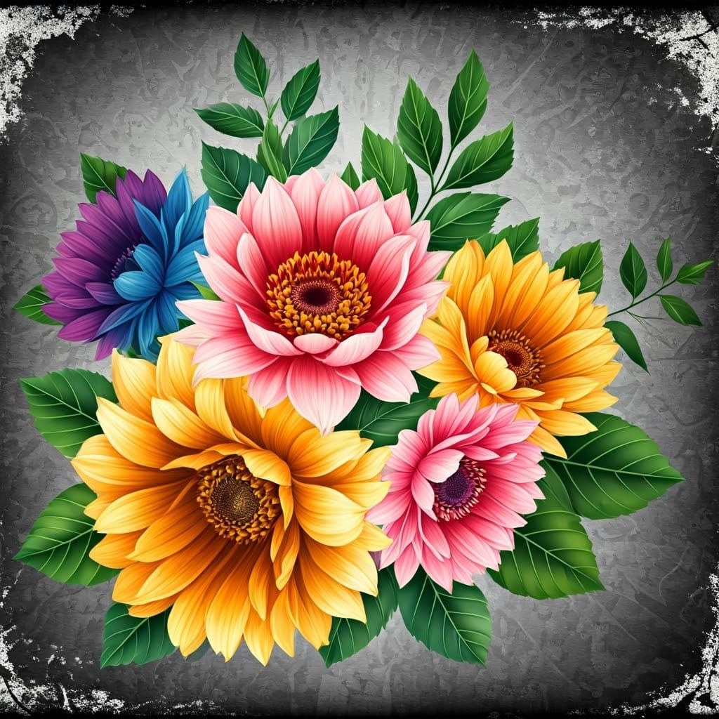 Vibrant Floral Grunge Art in Ink and Watercolour