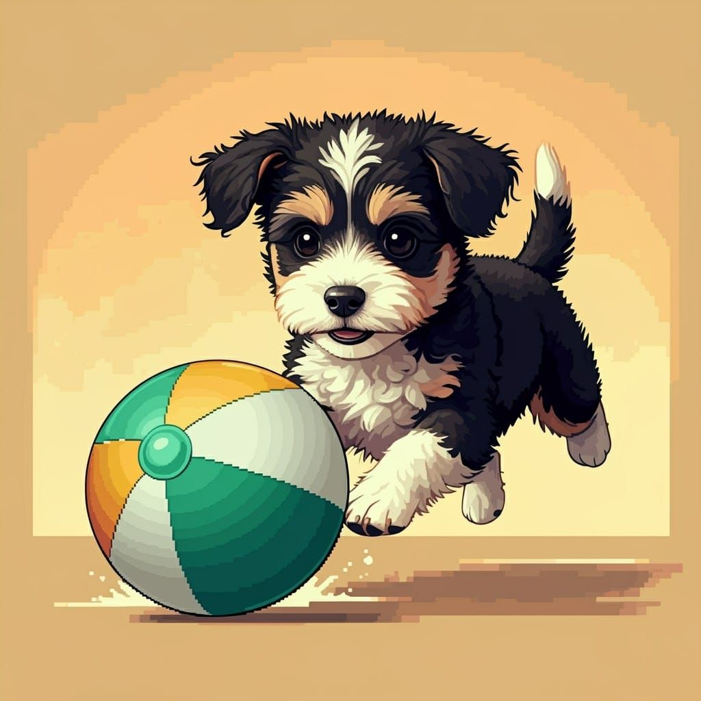 Dog Playing Ball in 8-Bit Pixel Art Style