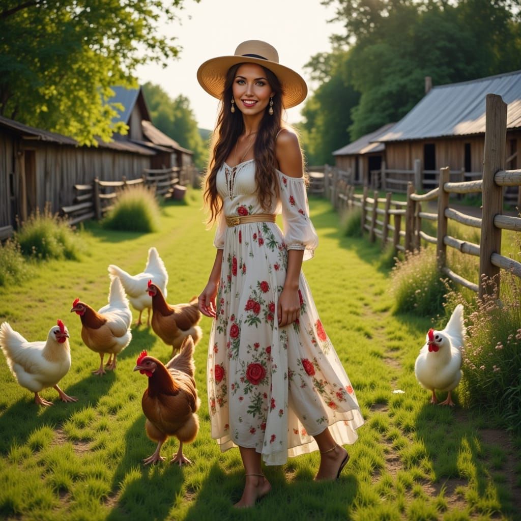 Woman Gathering Eggs on Farm in Realist Style