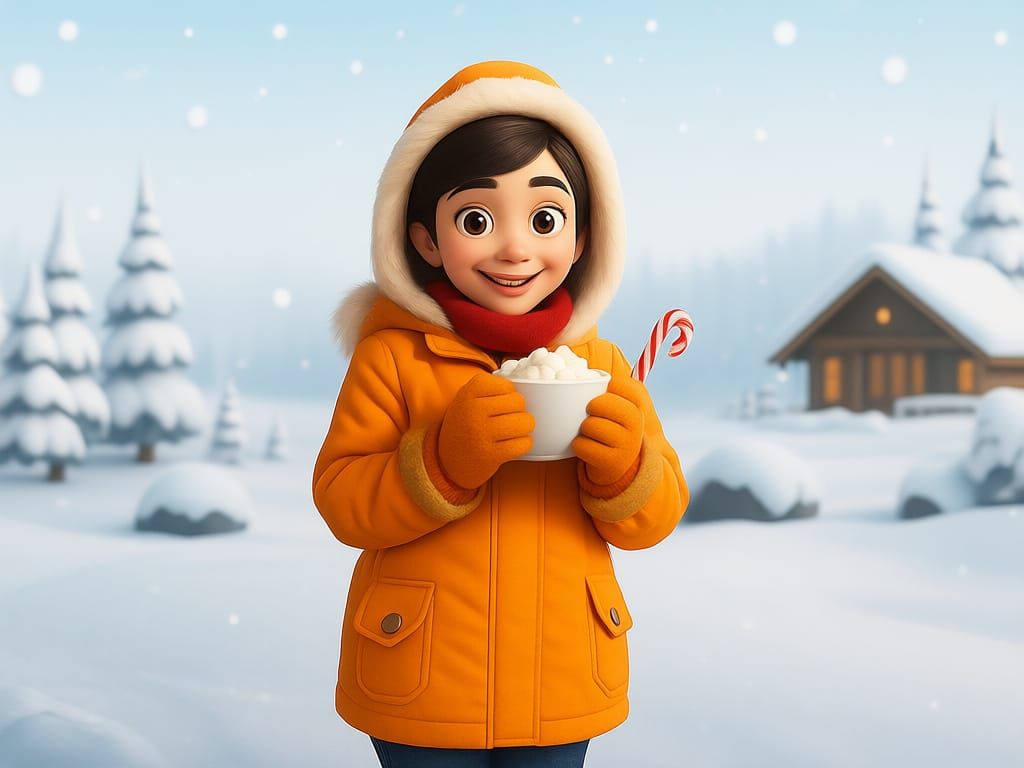 Warm Winter Scene with Cozy Woman in Vibrant Orange Parka