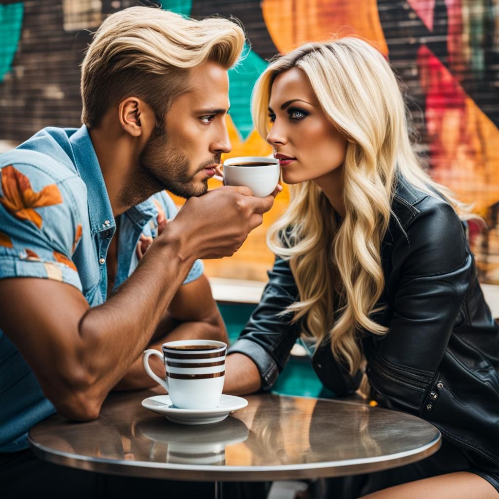Engaged Blonde Woman in Coffee Shop Scene