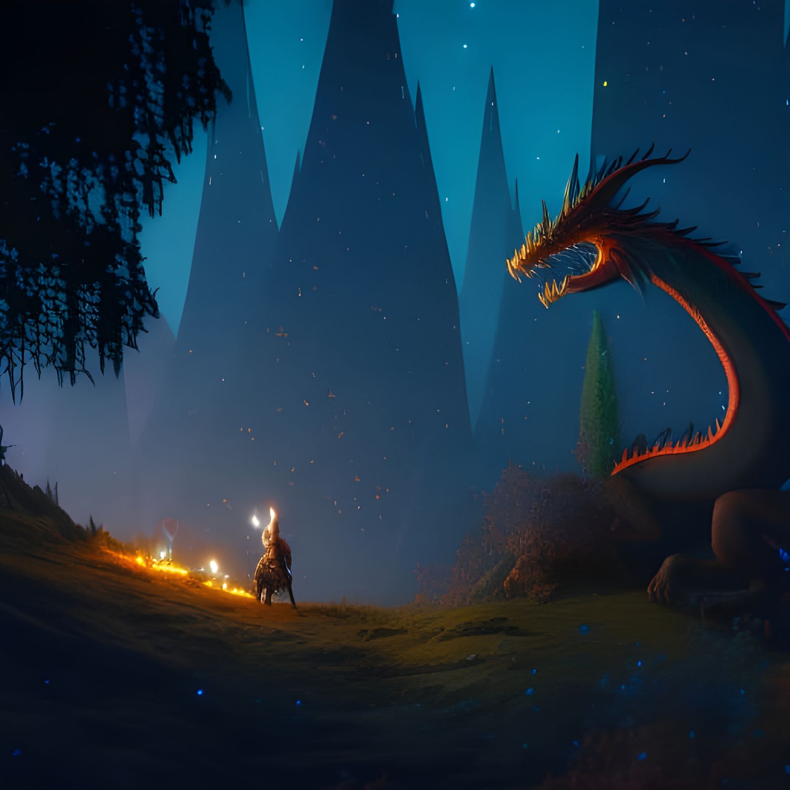 Wizard and Dragon Over Enchanted Forest