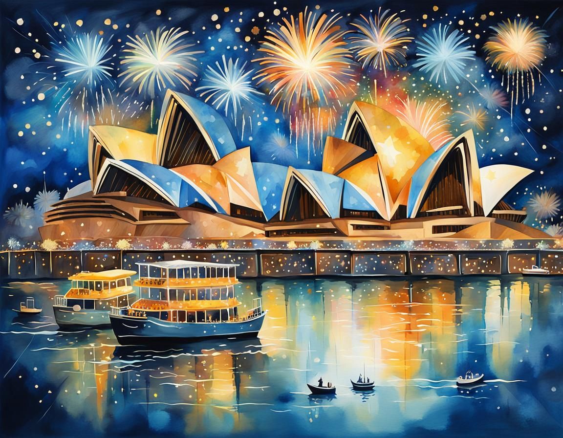 Sydney Opera House: Watercolor Impressionism Fireworks Displ...