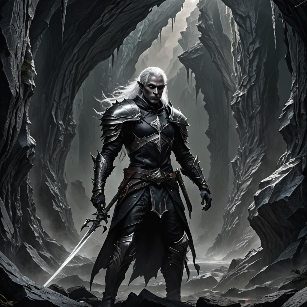 Drow Warrior in Dark Leather Armor, Hyperrealistic Fantasy A...