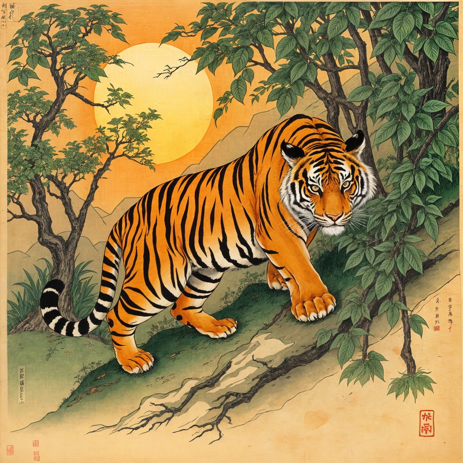 Majestic Tiger on Ancient Papyrus in Ukiyo-e Style