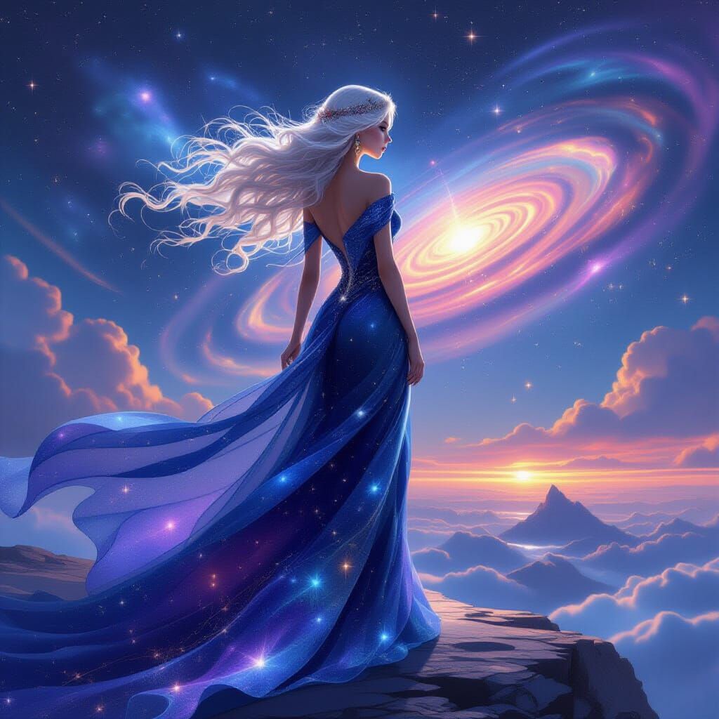 Ethereal Woman in Cosmic Gown on Crystalline Planet