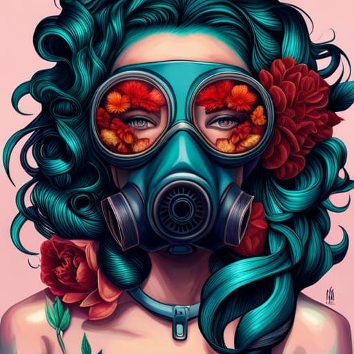 Girl in Gasmask with Flowers: Hyperrealistic Portrait