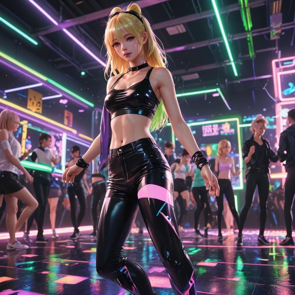 Anime Girl Dancing in Neon Lights: 3D Art