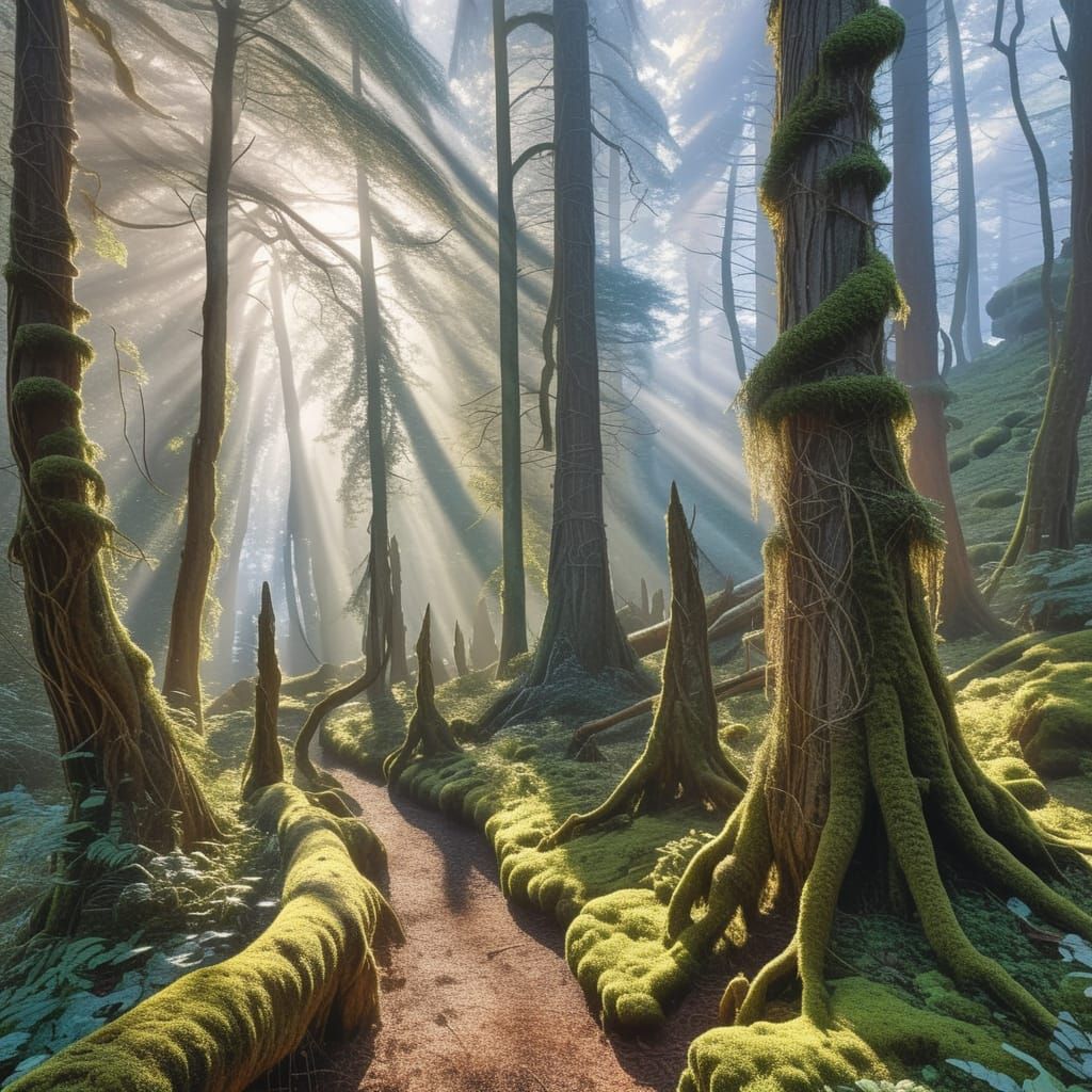 Misty Ancient Forest with Dappled Sunlight