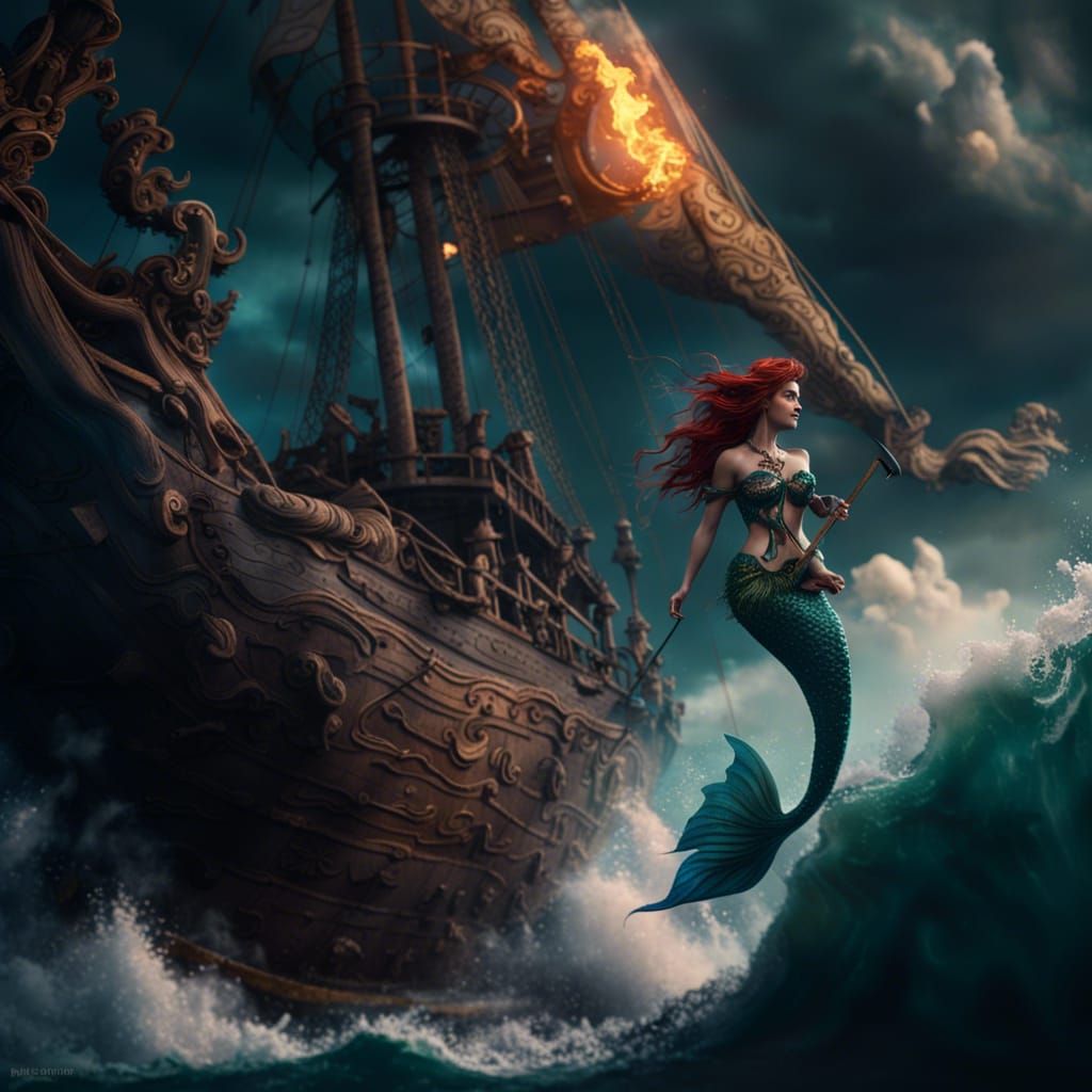 Mermaid Watching Burning Ship on Stormy Sea