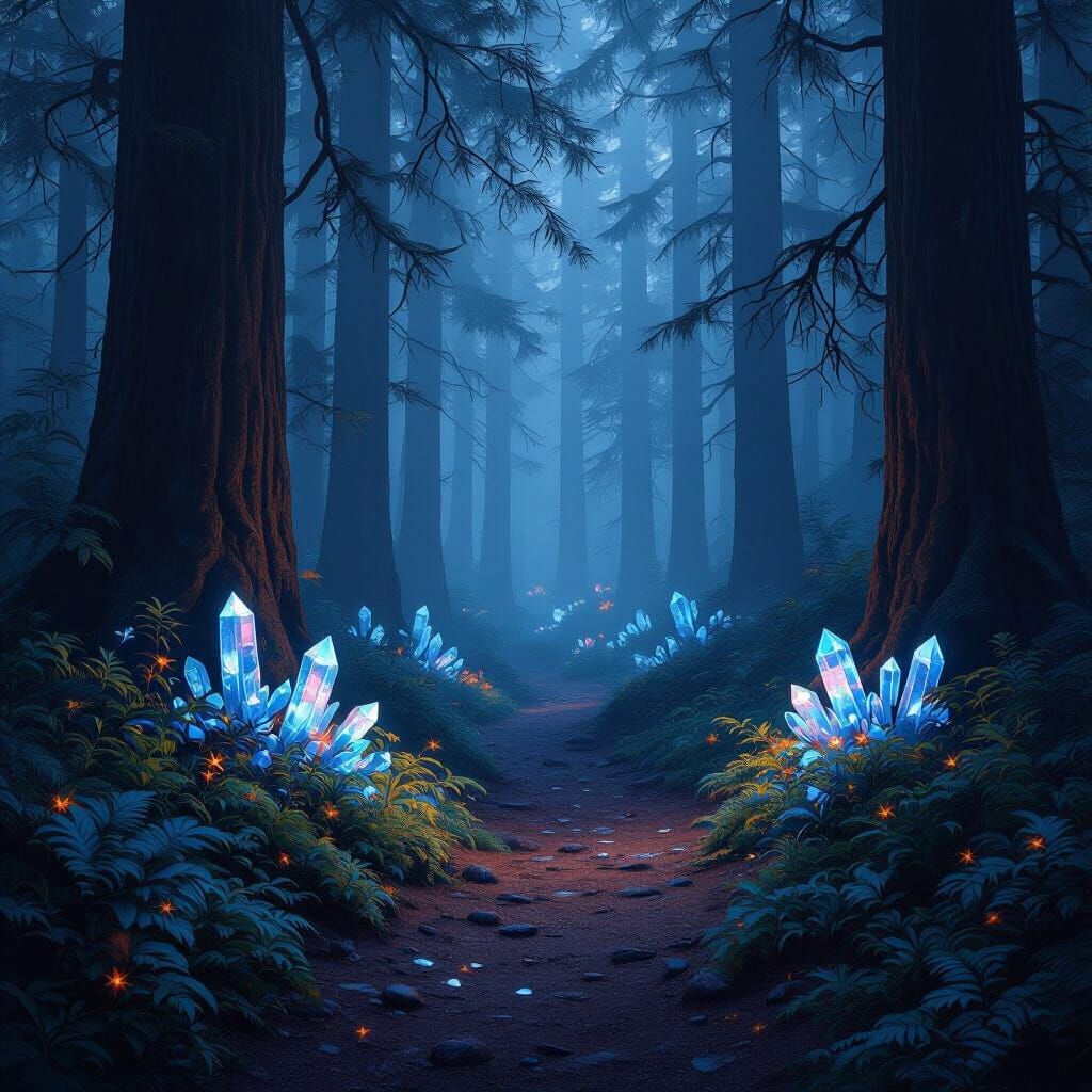 Luminescent Crystals Light a Redwood Forest Path