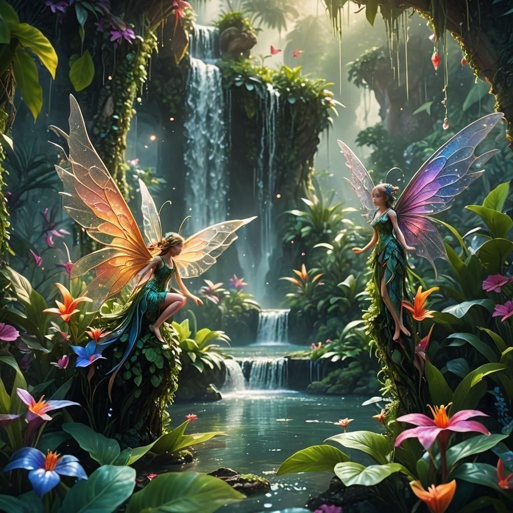 Fairies at Oasis Waterfall: Fantasy Concept Art