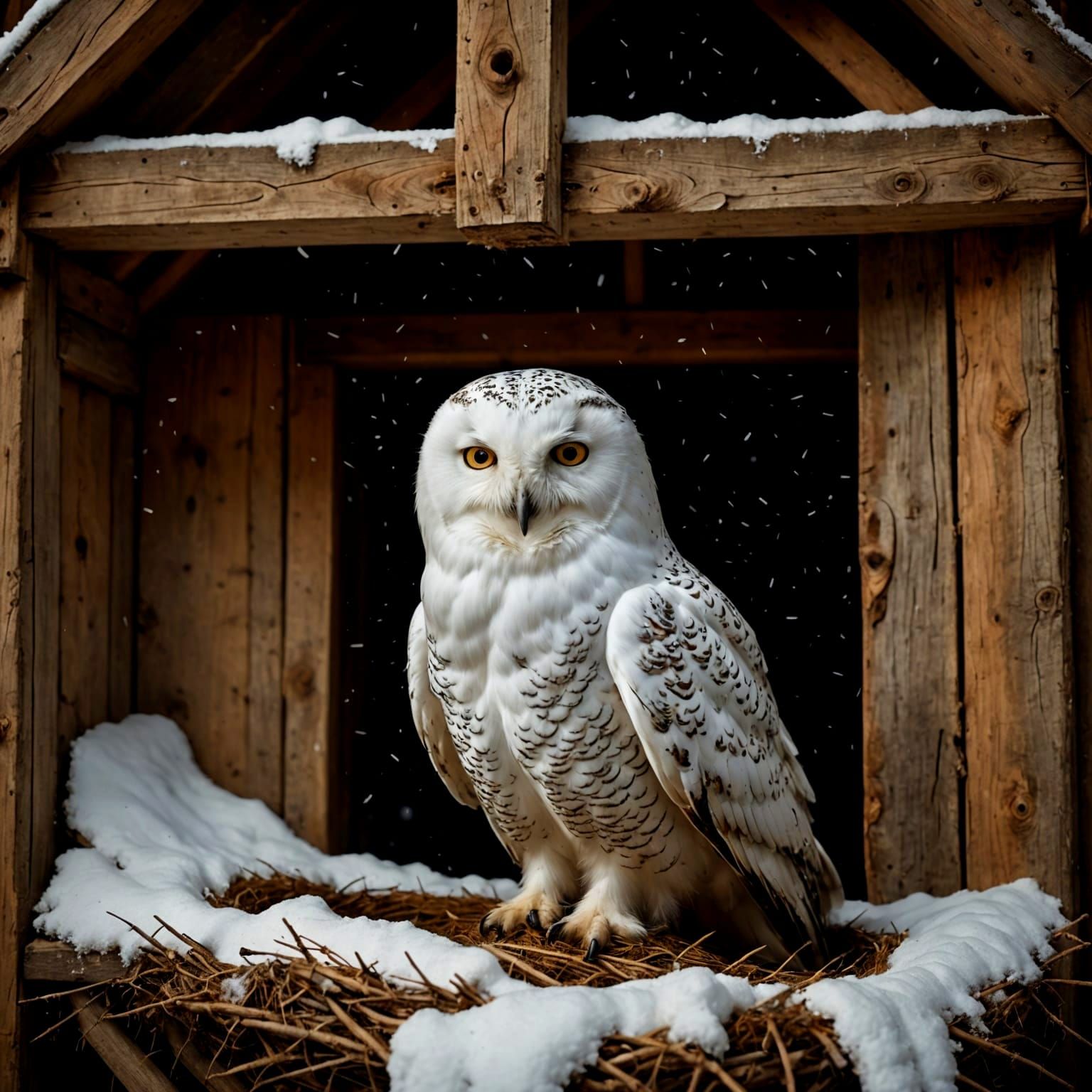 Hyperrealistic Snow Owl in Barn Watching Snowfall