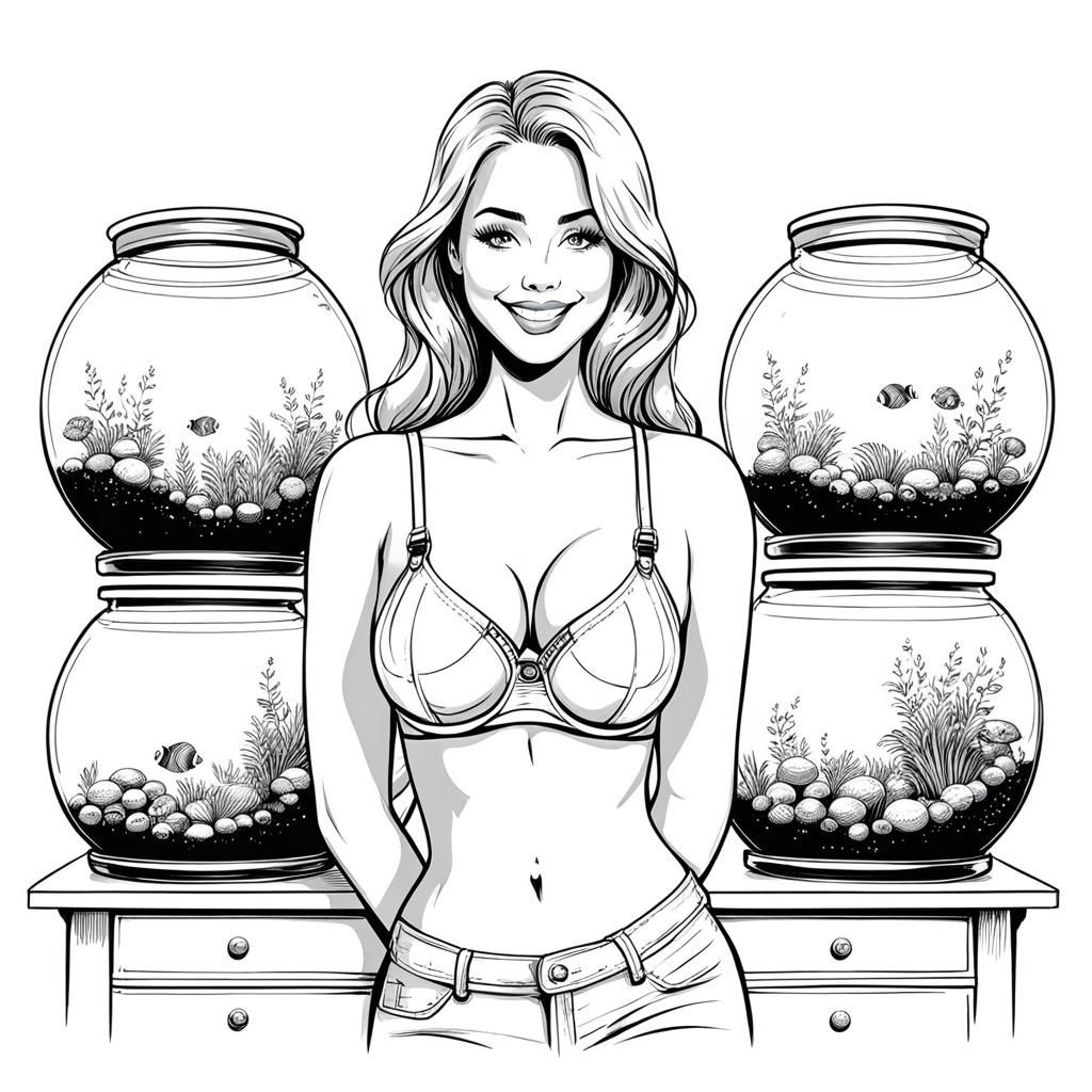 Girl with Fish Aquariums in Bra, Ink Art