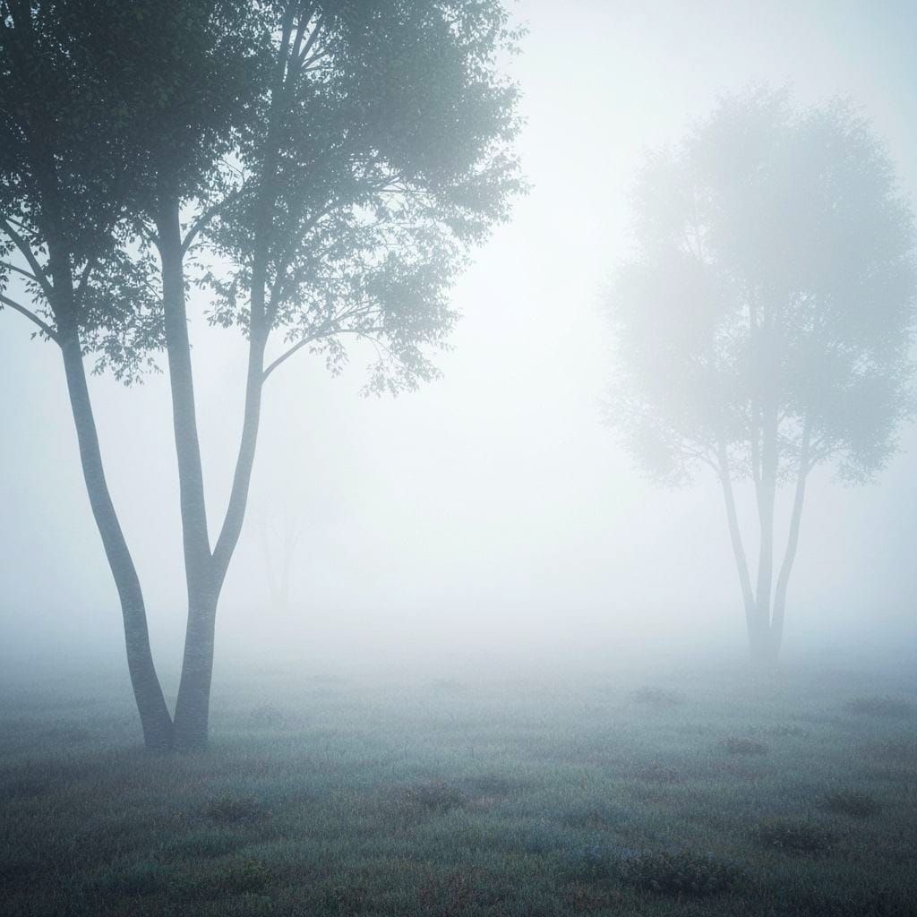 Surreal Fog-Sculpted Landscape with Spectral Trees