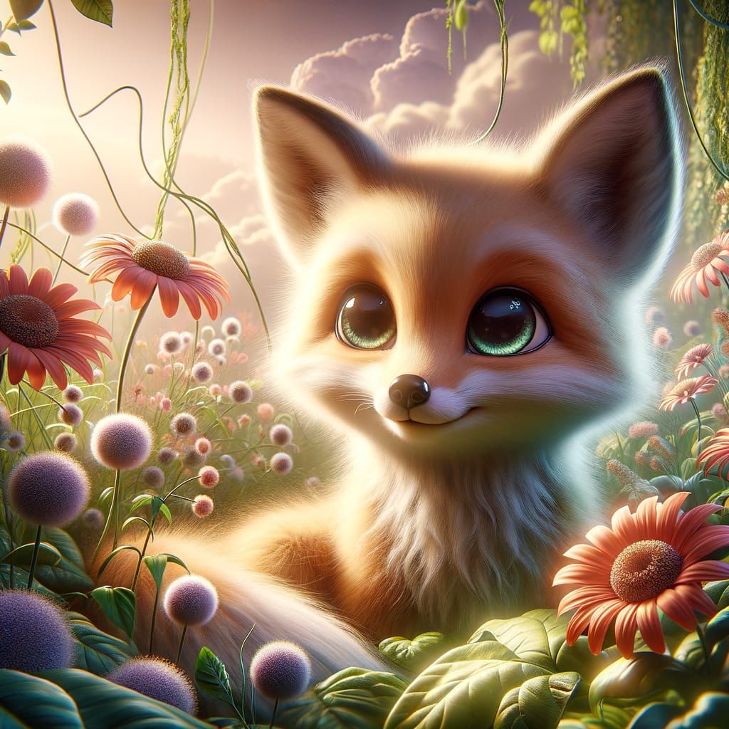 Whimsical Fox Cub in Dew-Kissed Wildflower Dreamscape