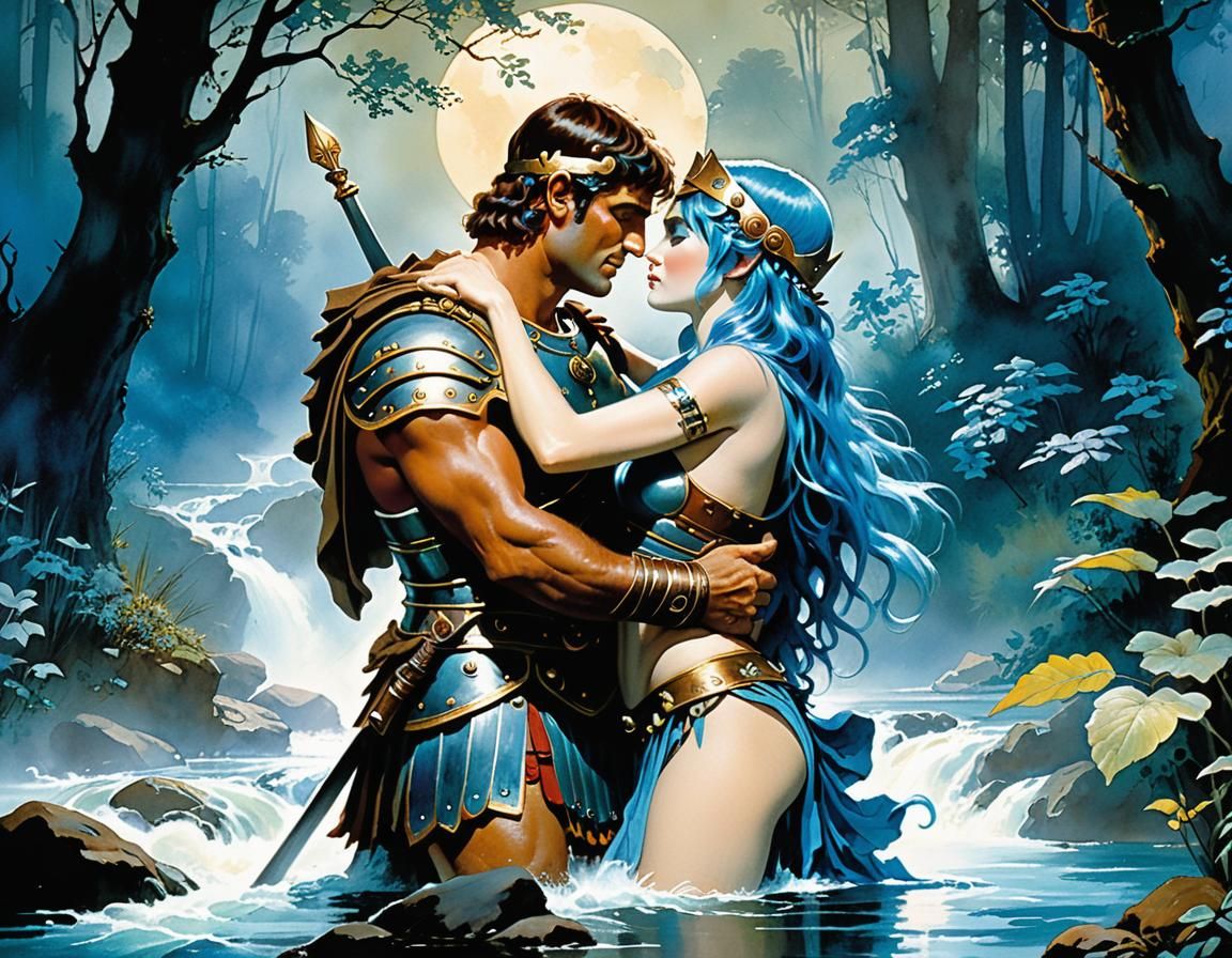 Centurion and Nymph in Lush Forest, Frazetta-esque