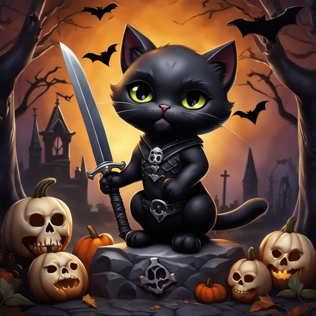 Chibi Black Cat in Gothic Graveyard with Dagger