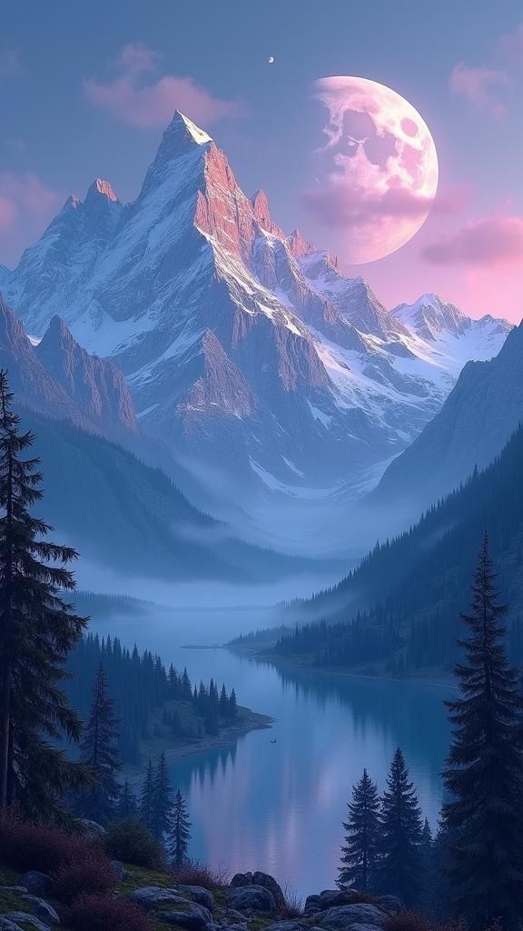 Majestic Mountain Landscape with Two Ethereal Moons