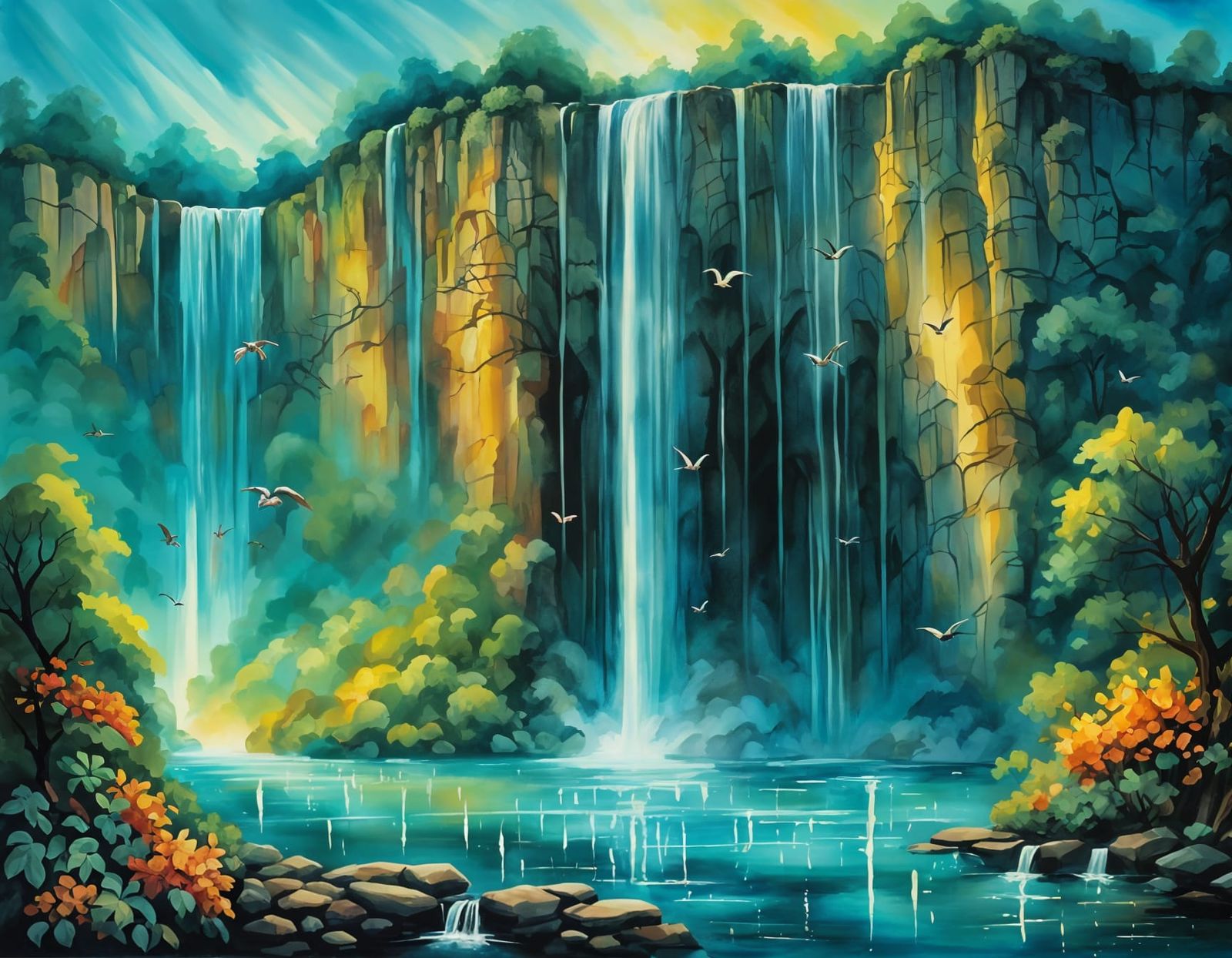 Majestic Waterfall Painting with Turquoise Water