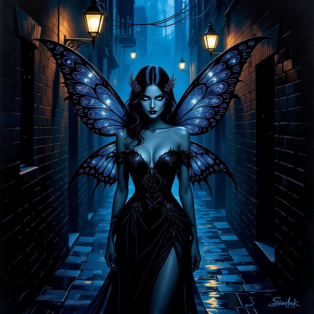 Noir Fairy in Shadowy Alleyway Acrylic Painting
