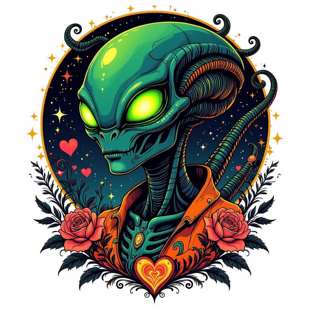 Fluorescent Alien Flash Tattoo in Surreal Pop Art Style