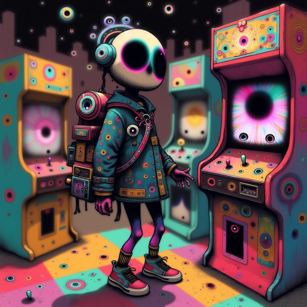 Small Spider Plays Arcade Games in Cartoon Style